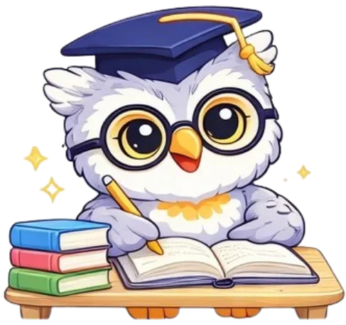 Marco the owl studying with flashcards